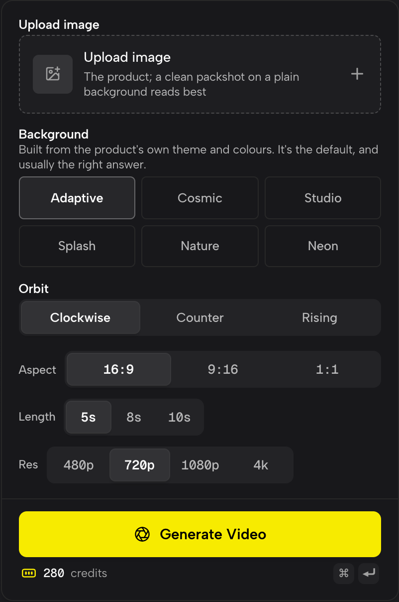 Background, Orbit, Aspect, Length and Res, with the price for those settings under the button.