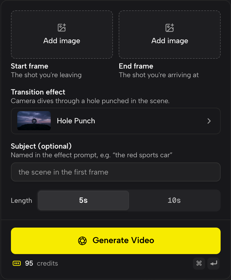 Start frame, End frame, the effect picker, Subject and Length.
