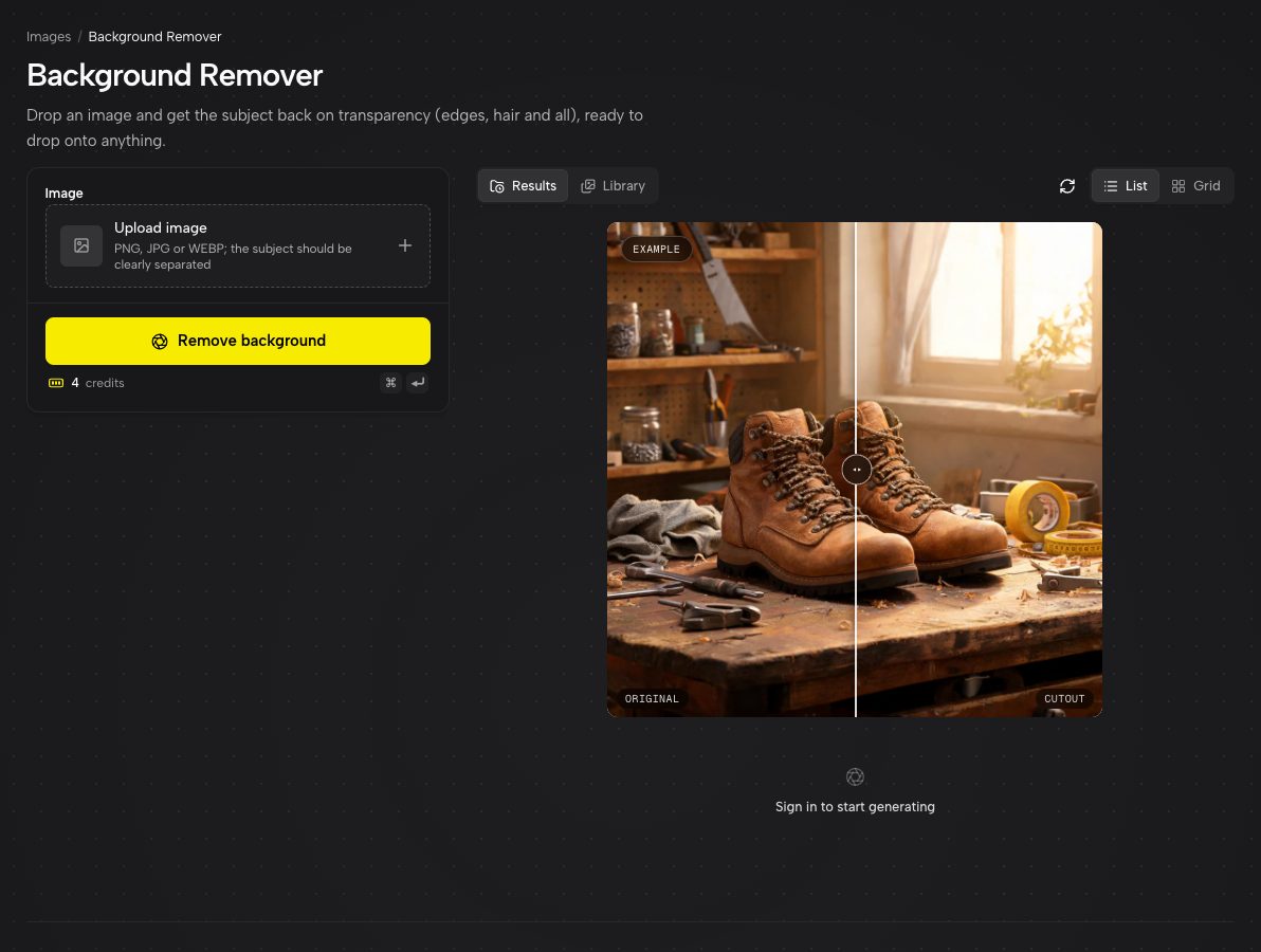 Background Remover: one slot, one button, and an example cutout on its checkerboard.